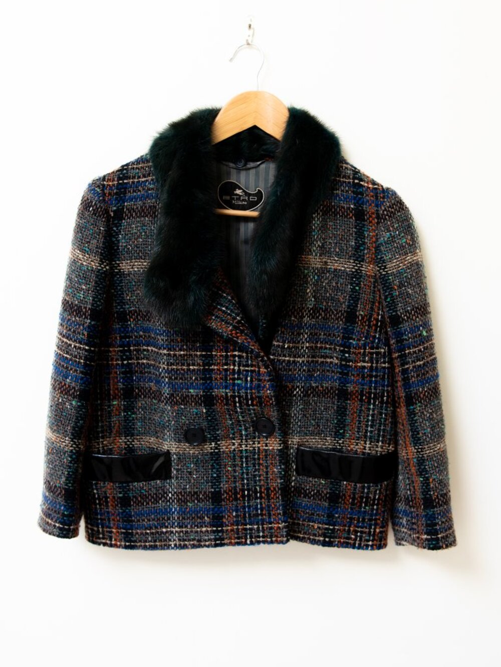 Rare Find - ETRO Wool Plaid Print Jacket with Mink Collar Size IT42 (US 6)